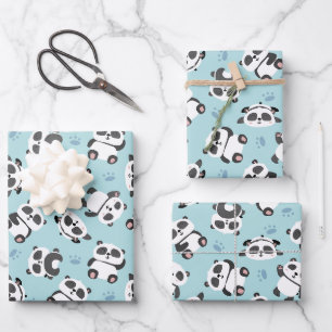Cute panda bear paw cyan background wrapping paper sheets
