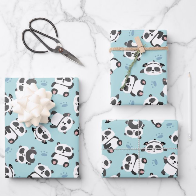 Cute panda bear paw cyan background wrapping paper sheets (Front)