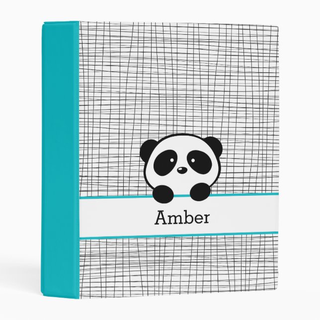 Cute Panda Bear Personalized Aqua Black Animal Mini Binder (Front/Spine)