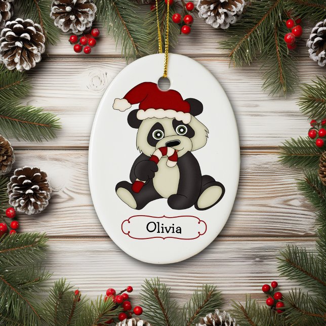 Cute Panda Bear Personalized Christmas Ceramic Ornament (Creator Uploaded)