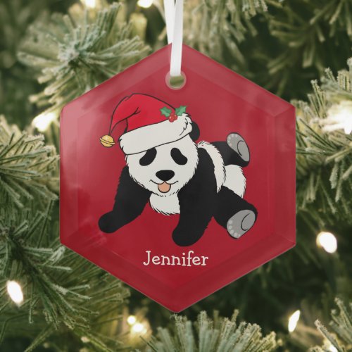 Cute Panda Bear Personalized Kids Red Christmas Glass Ornament