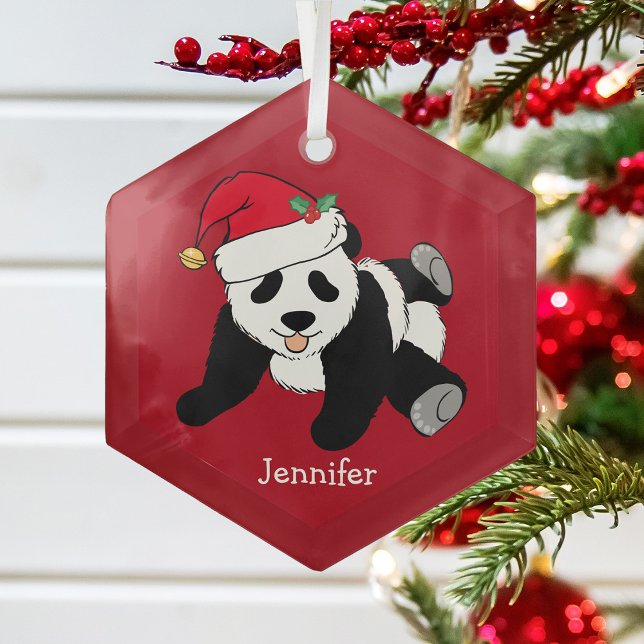 Cute Panda Bear Personalized Kids Red Christmas Glass Ornament (Creator Uploaded)