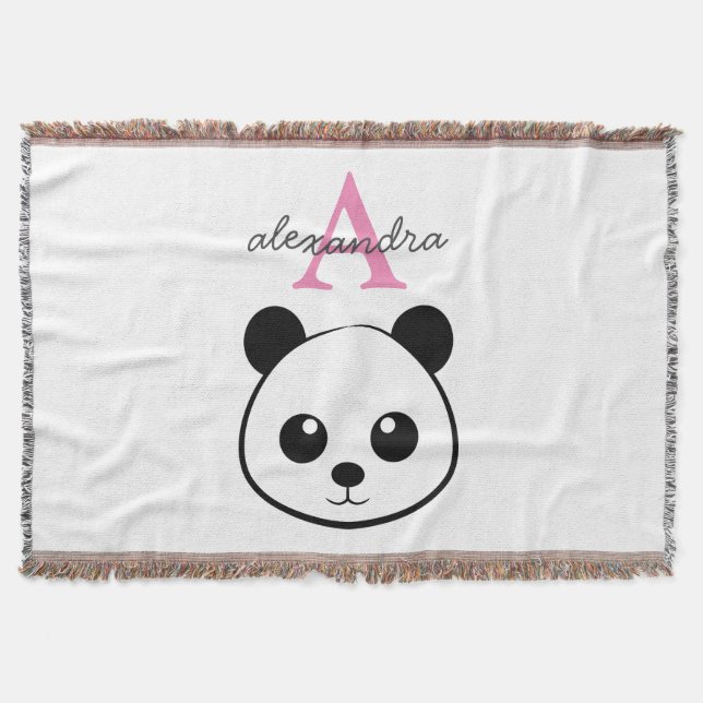 Cute Panda Bear Personalized Monogram Animal Throw Blanket (Front)