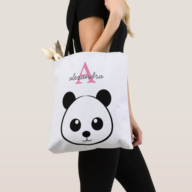 Cute Panda Bear Personalized Monogram Tote Bag  (Close Up)