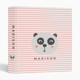 Cute Panda Bear - Personalized Pink Striped Kids' 3 Ring Binder