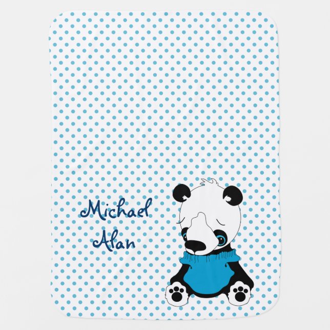 Cute Panda Bear Personalized Polka Dot Stroller Blanket (Front)