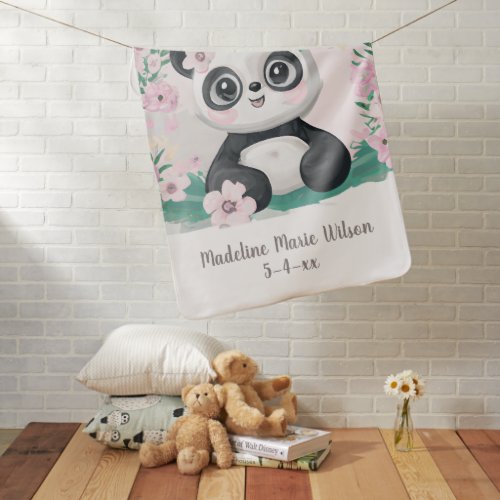 Cute Panda Bear Pink Flowers Name Birth Date Baby Blanket