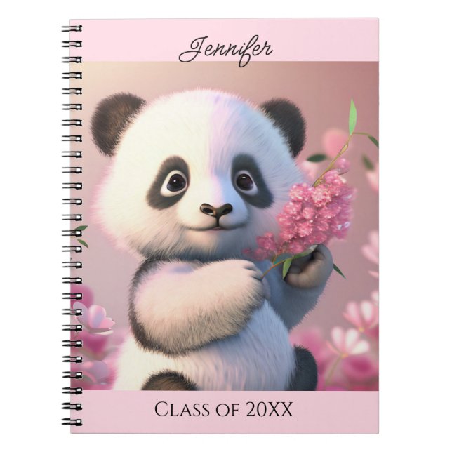 Cute Panda Bear Pink Flowers Personalize Name Gift Notebook (Front)