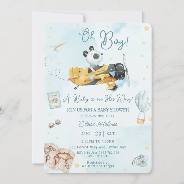Cute Panda Bear Plane Adventure Oh Boy Baby Shower Invitation (Front)