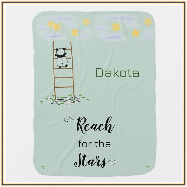 Cute Panda Bear Reach for the Stars Green Baby Blanket (Creator Uploaded)