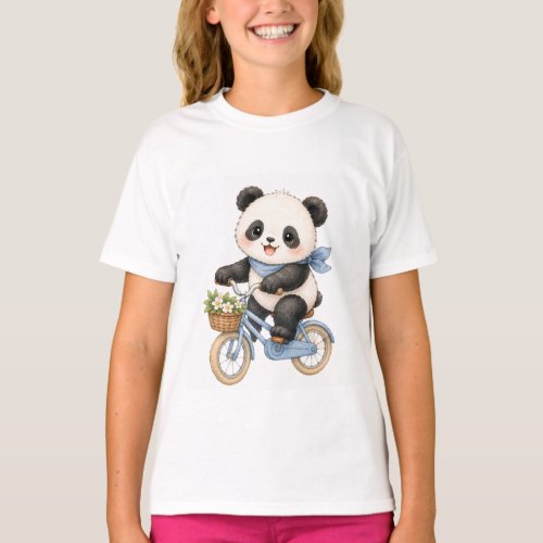 Cute Panda Bear Riding Blue Bicycle Girls T-Shirt