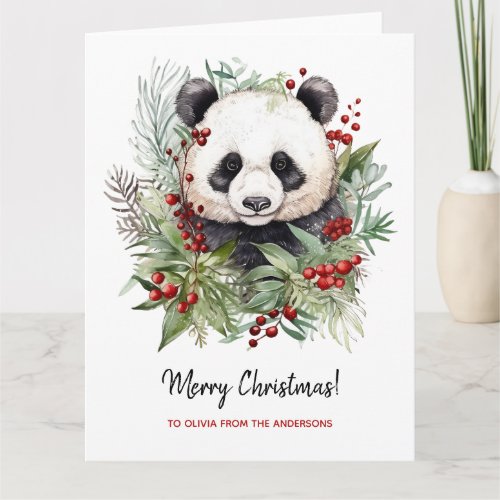 Cute Panda Bear Rustic Christmas botanicals Card