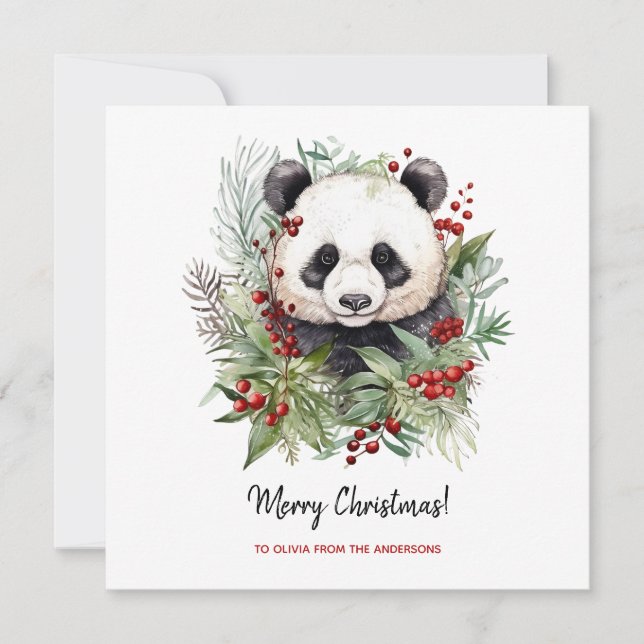 Cute Panda Bear Rustic Christmas botanicals Holiday Card (Front)