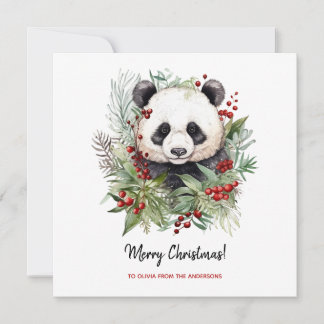 Cute Panda Bear Rustic Christmas botanicals Holiday Card