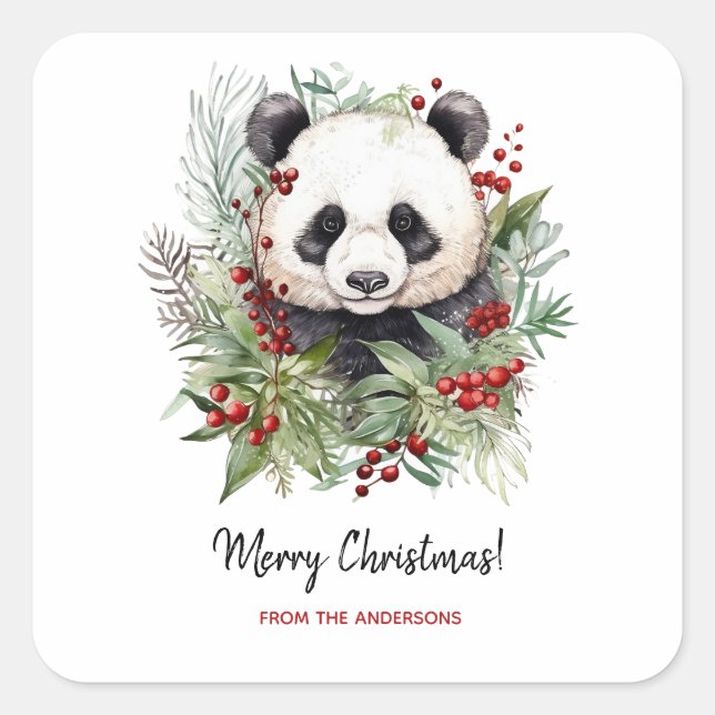 Cute Panda Bear Rustic Christmas botanicals Square Sticker (Front)