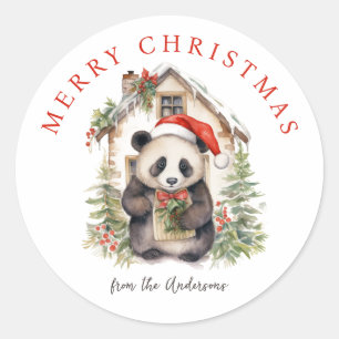 Cute Panda Bear Rustic Christmas house Classic Round Sticker