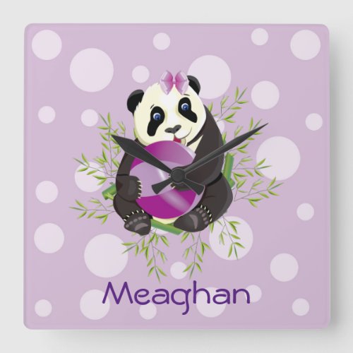 Cute Panda Bear Soft Purple Playing Ball Square Wall Clock