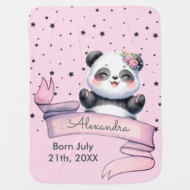 Cute Panda Bear Stars Pink Baby Girl Baby Blanket (Front)