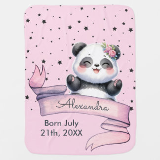 Cute Panda Bear Stars Pink Baby Girl Blanket