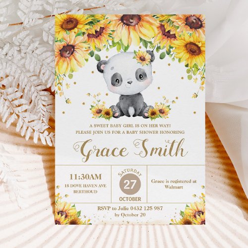 Cute Panda Bear Sunflower Floral Baby Shower Girl Invitation