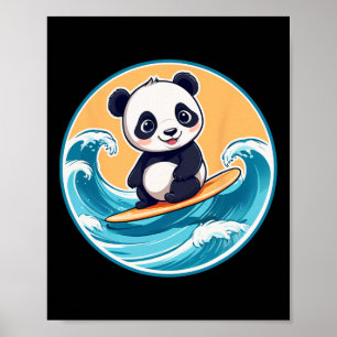Cute Panda Bear Surfing A Wave Kids And Adults  Poster