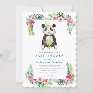 Cute Panda Bear Tropical Flowers Frame Baby Shower Invitation