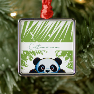 Cute Panda Bear Tropical Leaves Custom Square Metal Ornament