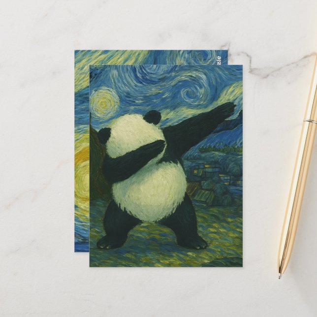 Cute Panda Bear - Van Gogh Style - Starry Night  Postcard (Front/Back In Situ)