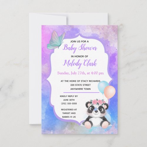 Cute Panda Bear Watercolor Baby Shower Invitation