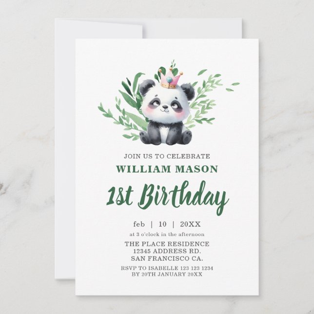 Cute Panda Bear Watercolor Greenery 1st Birthday Invitation (Front)