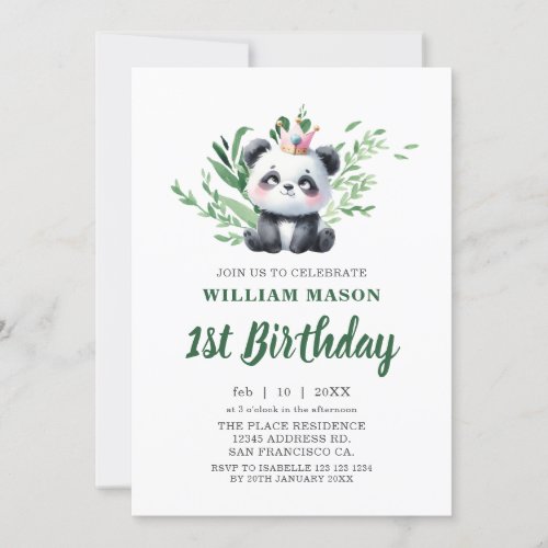 Cute Panda Bear Watercolor Greenery 1st Birthday Invitation