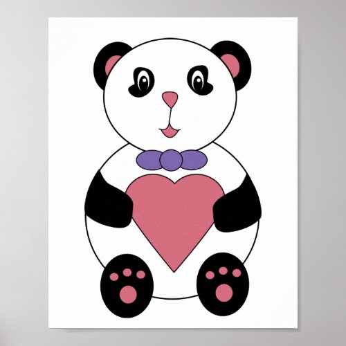 Cute Panda Bear Wearing Bow Tie Pink Heart Poster