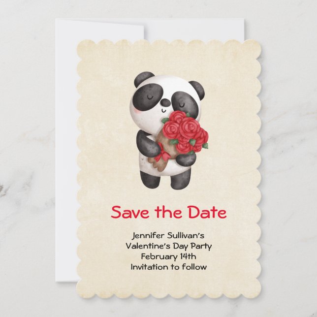 Cute Panda Bear with Bouquet of Roses Save The Date (Front)
