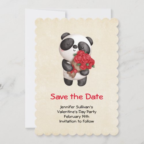 Cute Panda Bear with Bouquet of Roses Save The Date