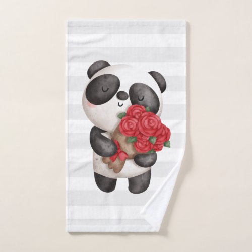 Cute Panda Bear with Rose Bouquet Bath Towel Set