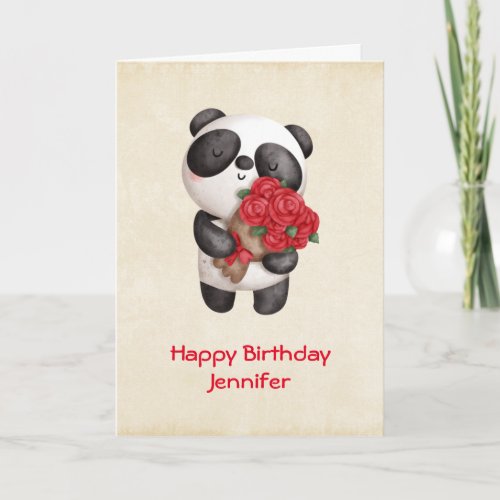 Cute Panda Bear with Rose Bouquet Birthday Card