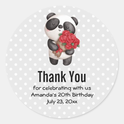 Cute Panda Bear with Rose Bouquet Birthday Classic Round Sticker