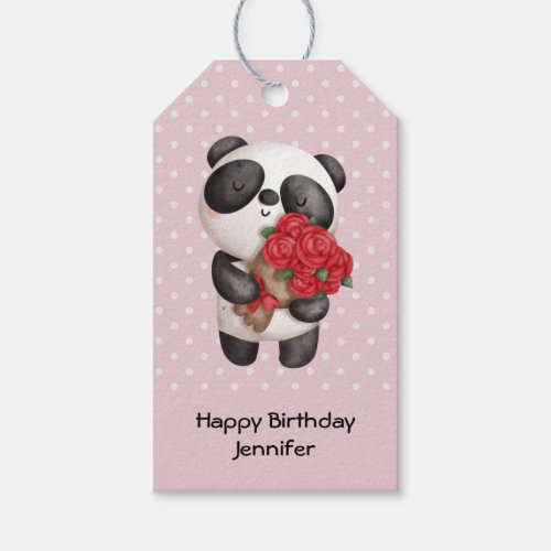 Cute Panda Bear with Rose Bouquet Birthday Gift Tags
