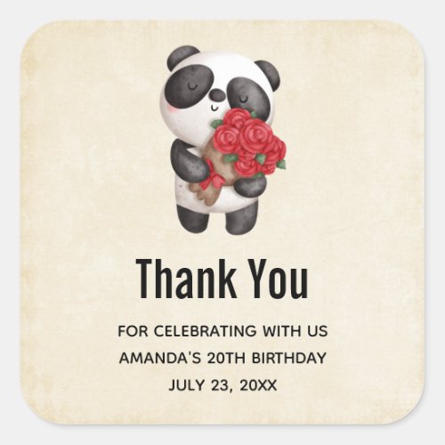 Cute Panda Bear with Rose Bouquet Birthday Square Sticker