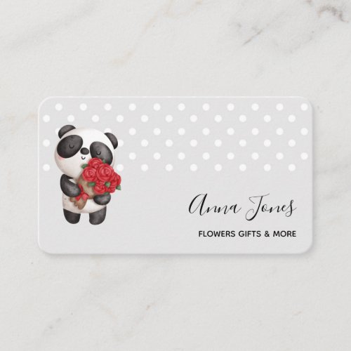 Cute Panda Bear with Rose Bouquet Business Card