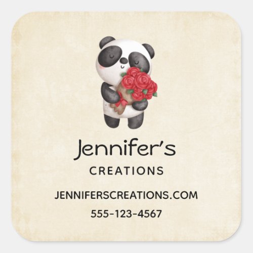 Cute Panda Bear with Rose Bouquet Business Square Sticker