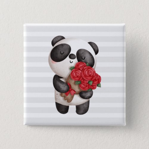 Cute Panda Bear with Rose Bouquet Button