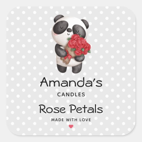 Cute Panda Bear with Rose Bouquet Candle or Soap Square Sticker