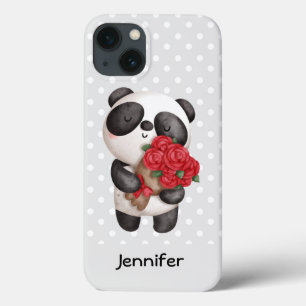 Cute Panda Bear with Rose Bouquet iPhone 13 Case