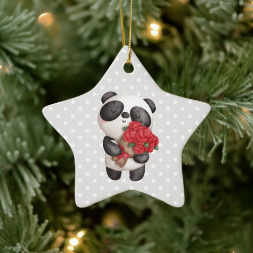 Cute Panda Bear with Rose Bouquet Ceramic Ornament