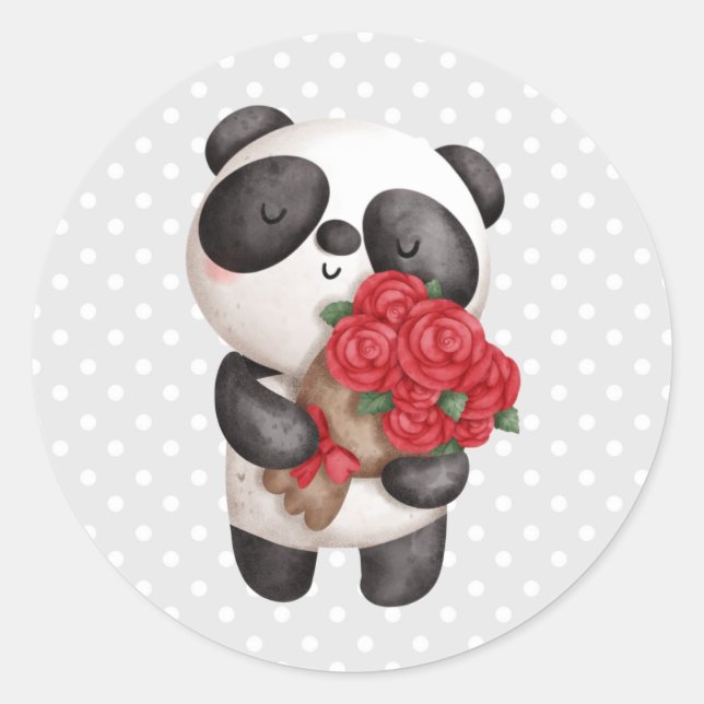 Cute Panda Bear with Rose Bouquet Classic Round Sticker (Front)