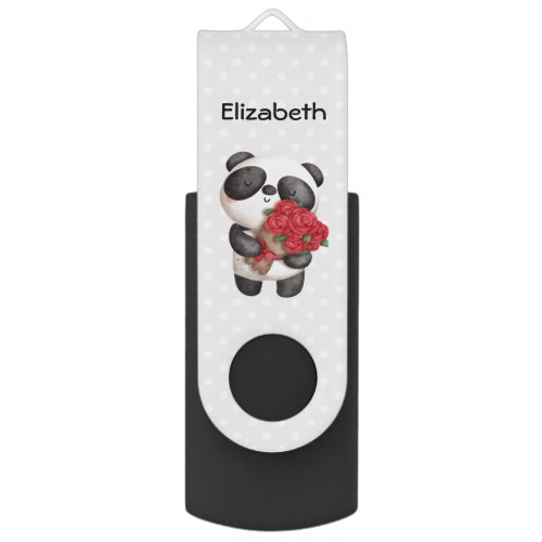 Cute Panda Bear with Rose Bouquet Flash Drive