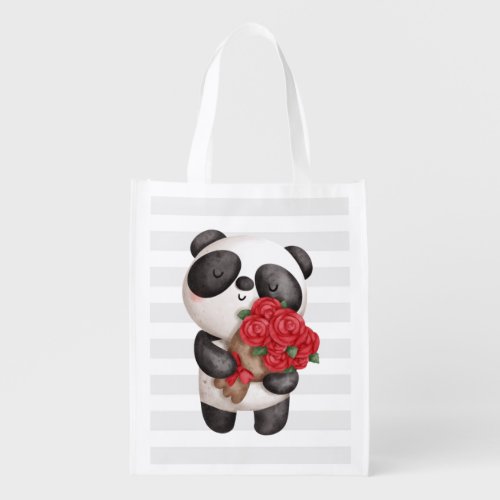Cute Panda Bear with Rose Bouquet Grocery Bag