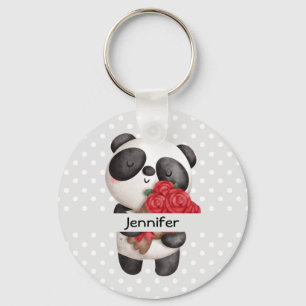 Cute Panda Bear with Rose Bouquet Keychain