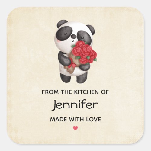 Cute Panda Bear with Rose Bouquet Kitchen Square Sticker